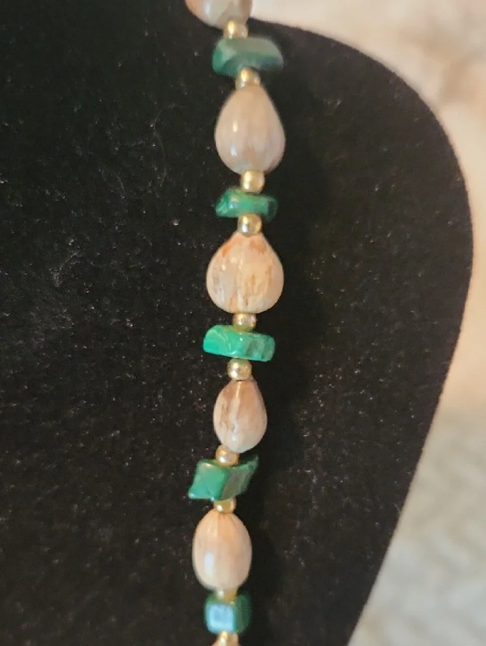 Stone and Green Bead Women's Necklace - Neutral and Green Design Boho Vibe